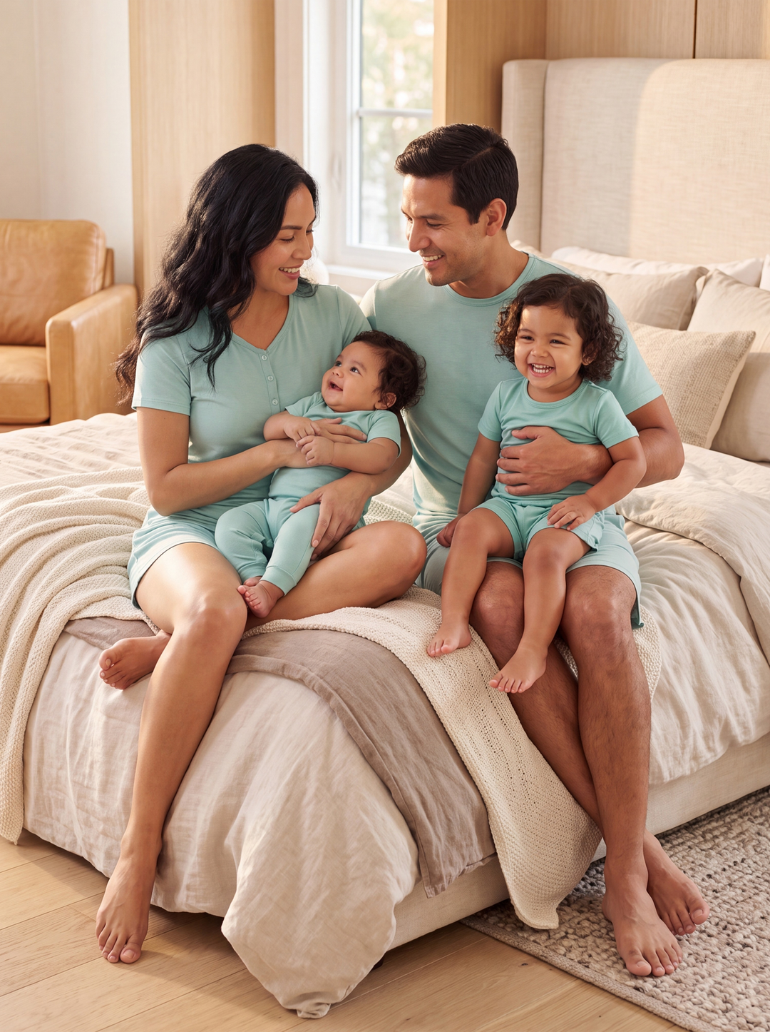 Bamboo Family Pajamas Solid Color Green Short Sleeve Matching Pajama Set ( Snug-Fitting for Children ) Green