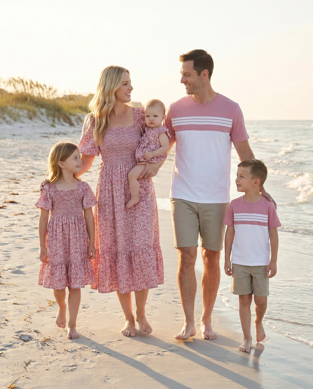 Family Matching Blue Cotton Colorblock Tee Shirt or Floral Print Smocking Puff-sleeve Dress Set  Pink