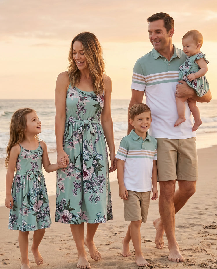 Conjuntos familiares a juego: polo de rayas verdes o vestido con cinturón y tirantes con estampado floral verde claro