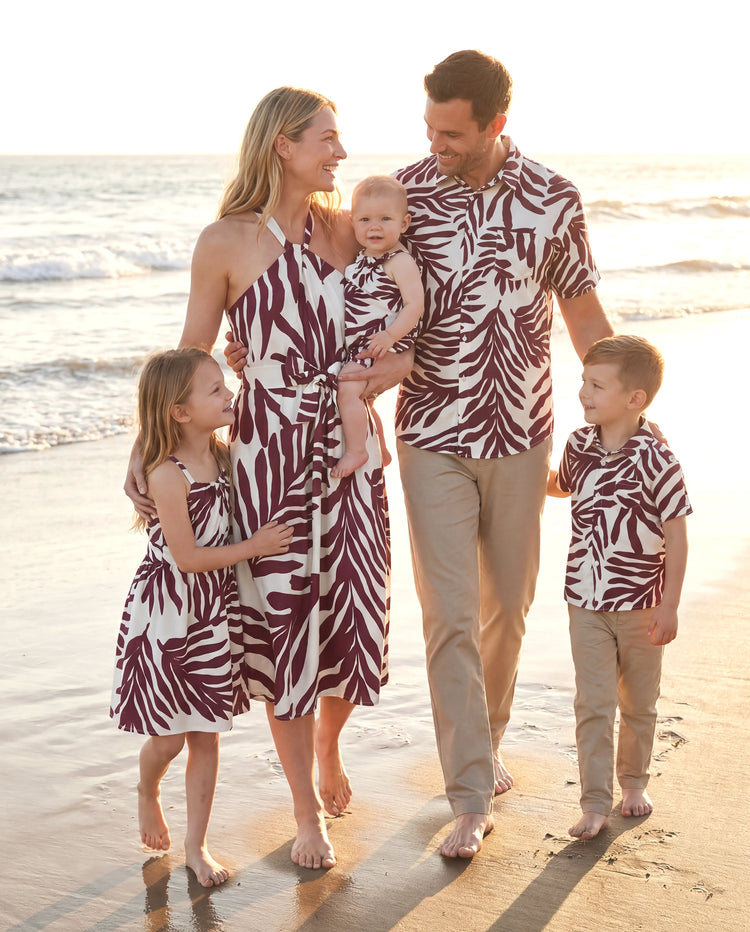 Family Matching Outfits Red Leaf Print Shirts and Strap Belted Dress for Hawaii/Cruise/Resort/Casual Wear White