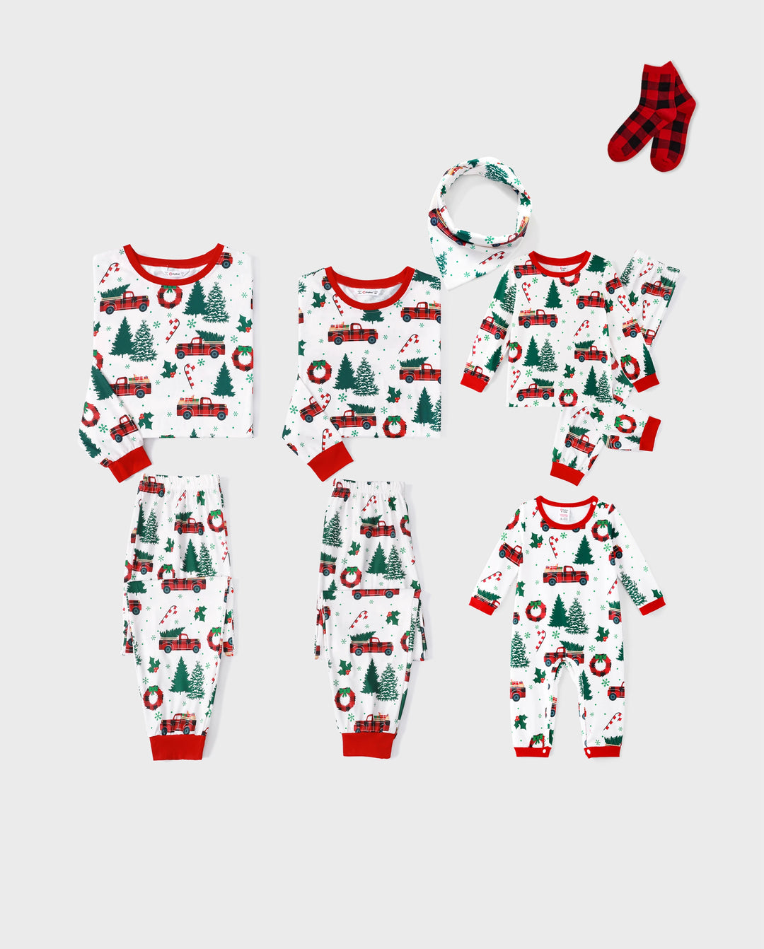 Christmas Family Matching Allover Xmas Tree & Car Print Long-sleeve Pajamas Sets with Christmas Socks Multi-color