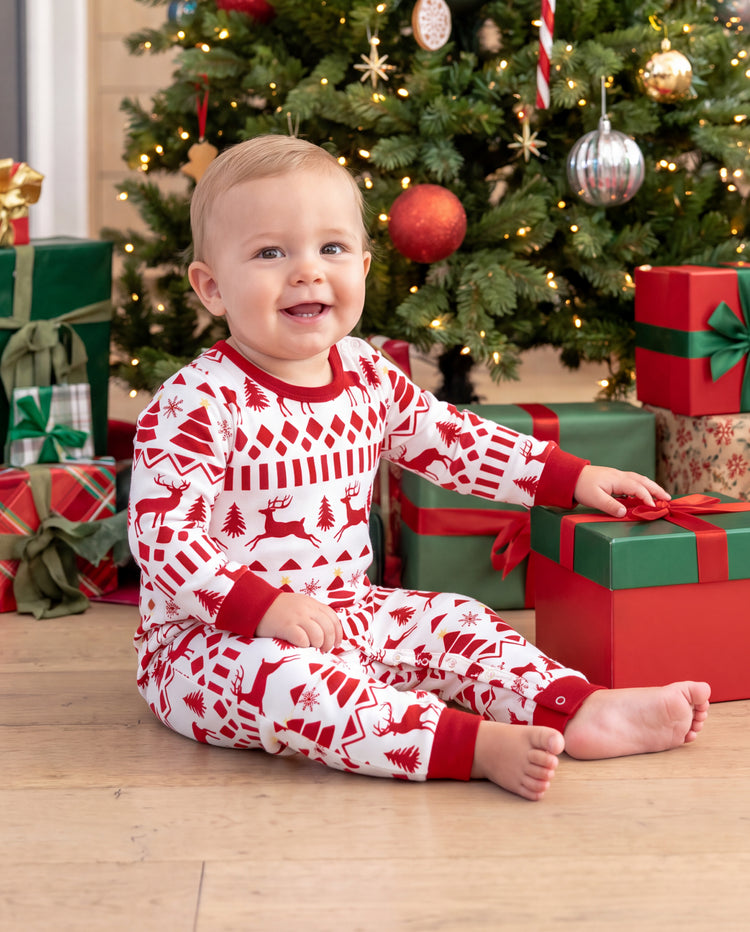 Pijamas navideños a juego para toda la familia, estampado de Fair Isle y reno, rojo