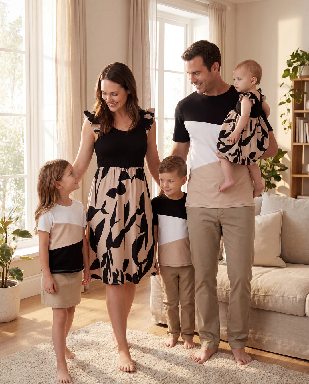 Family Matching Cross Back Floral Strap Dress and Colorblock Top Sets Black