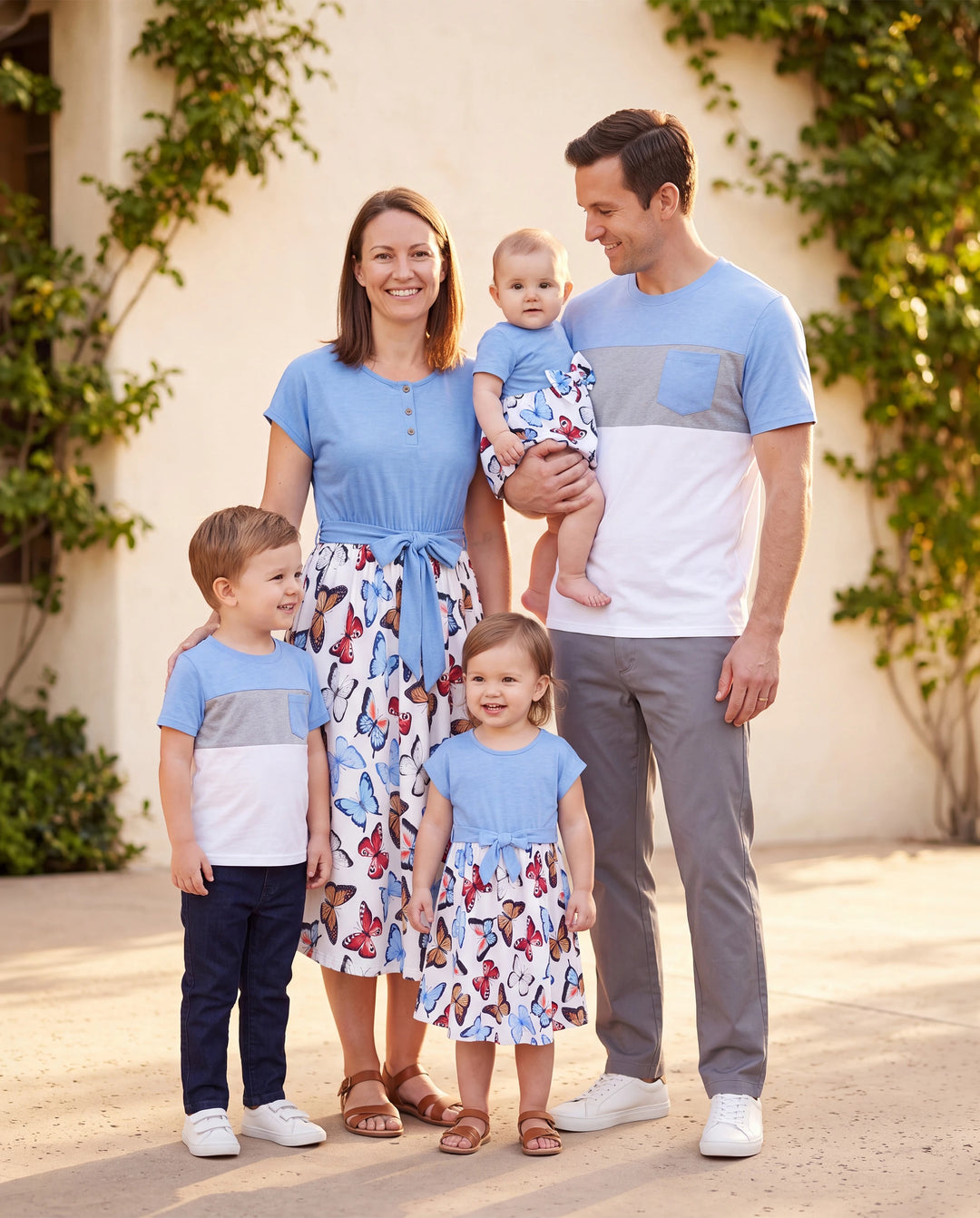 Family Matching Sets Butterfly Soft Casual Tee & Below Knee Dresses with Belted Design Blue Light Blue