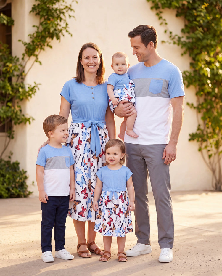 Family Matching Sets Butterfly Soft Casual Tee & Below Knee Dresses with Belted Design Blue Light Blue