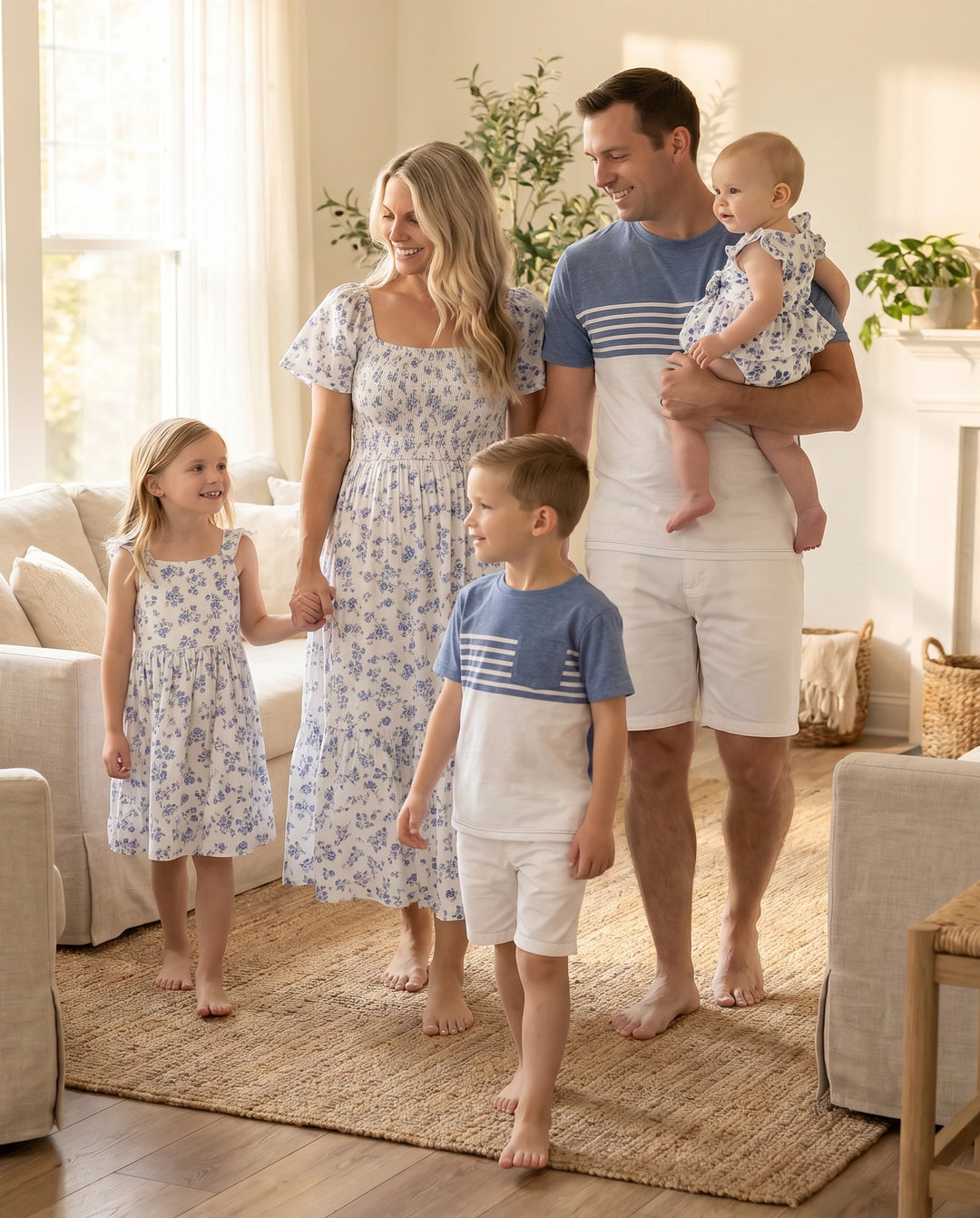 Family Matching Outfit: Floral Smocking Casual Suit BLUEWHITE