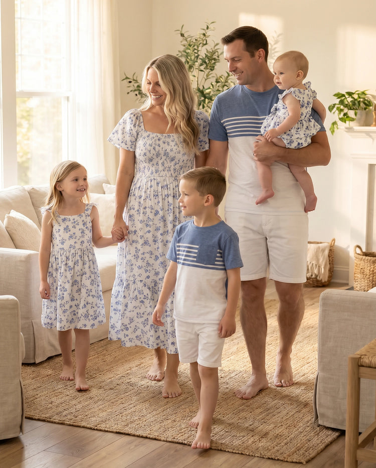 Family Matching Outfit: Floral Smocking Casual Suit BLUEWHITE