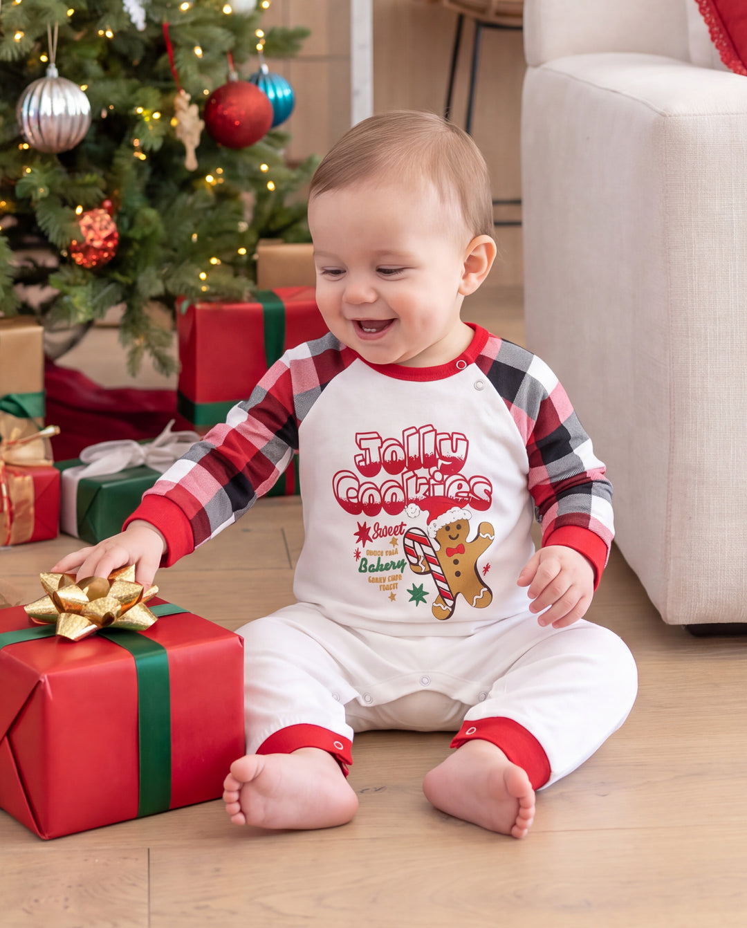 Christmas Matching Family Pajamas Gingerbread & Plaid Print Red