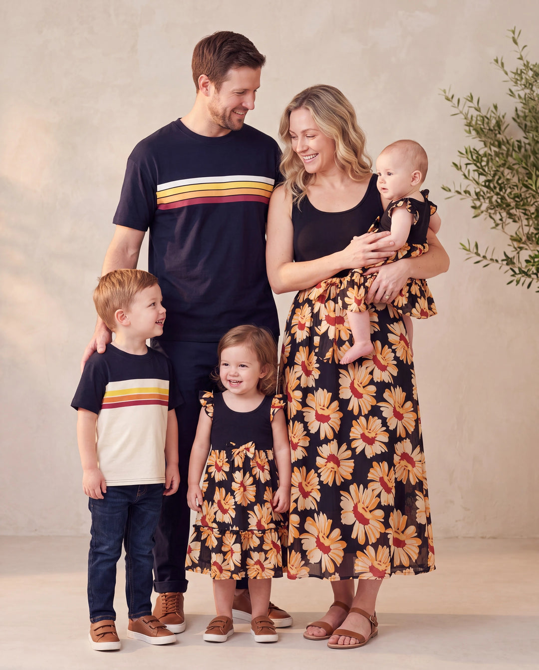 Family Matching Set Floral Sleeveless Strappy Dress or Colorblock Short-sleeve T-shirt  Black