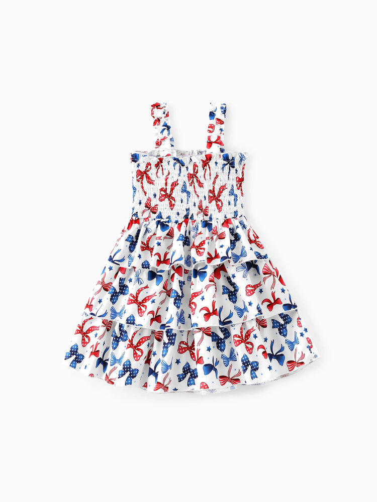 Independence Day Toddler Girls Patriotic Bow Print Smocking Dress White