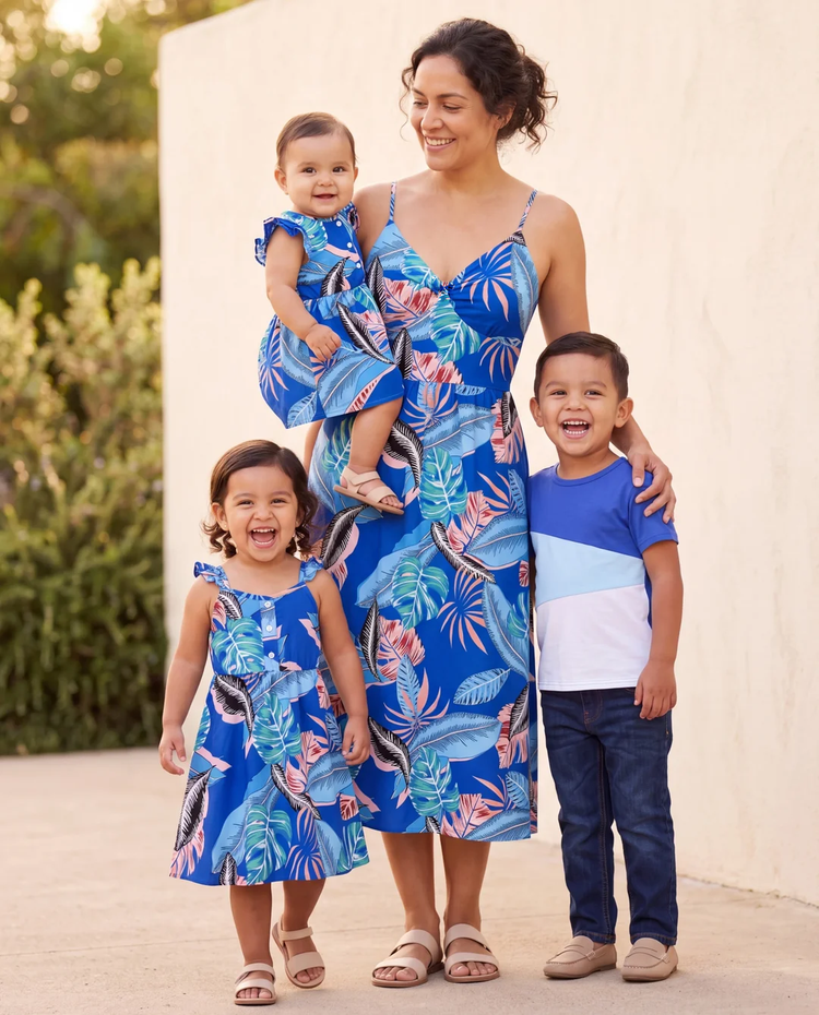 Mommy & me Tropical Dress & T-shirt Set – Blue Floral Print for Dad, Mom, Girls & Baby, Perfect for Summer Vacations and Family Photos Blue
