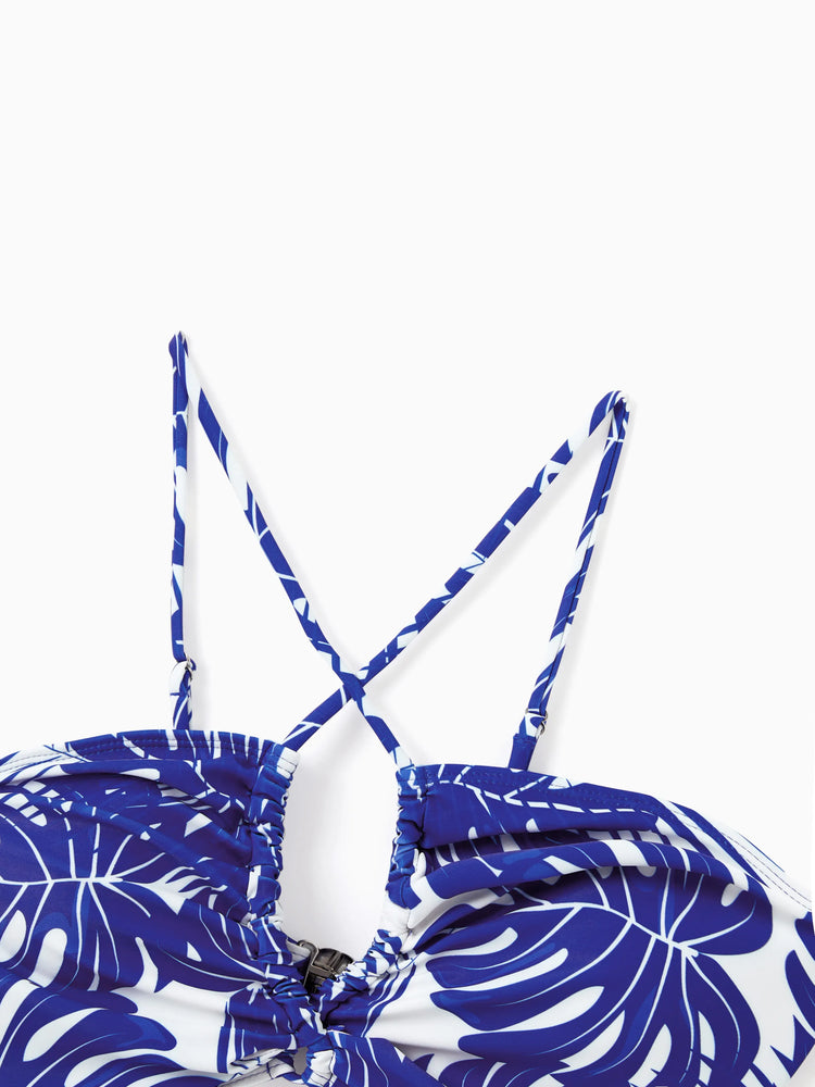 Family Matching Tropical Leaf Print Swim Trunks or Hollow-out Crisscross Straps One-piece Swimsuit Blue