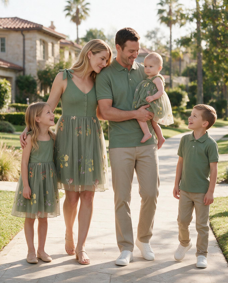 Family Matching Polo Collar Short-sleeve Shirt or V-neck Strappy Mesh Dress  Green