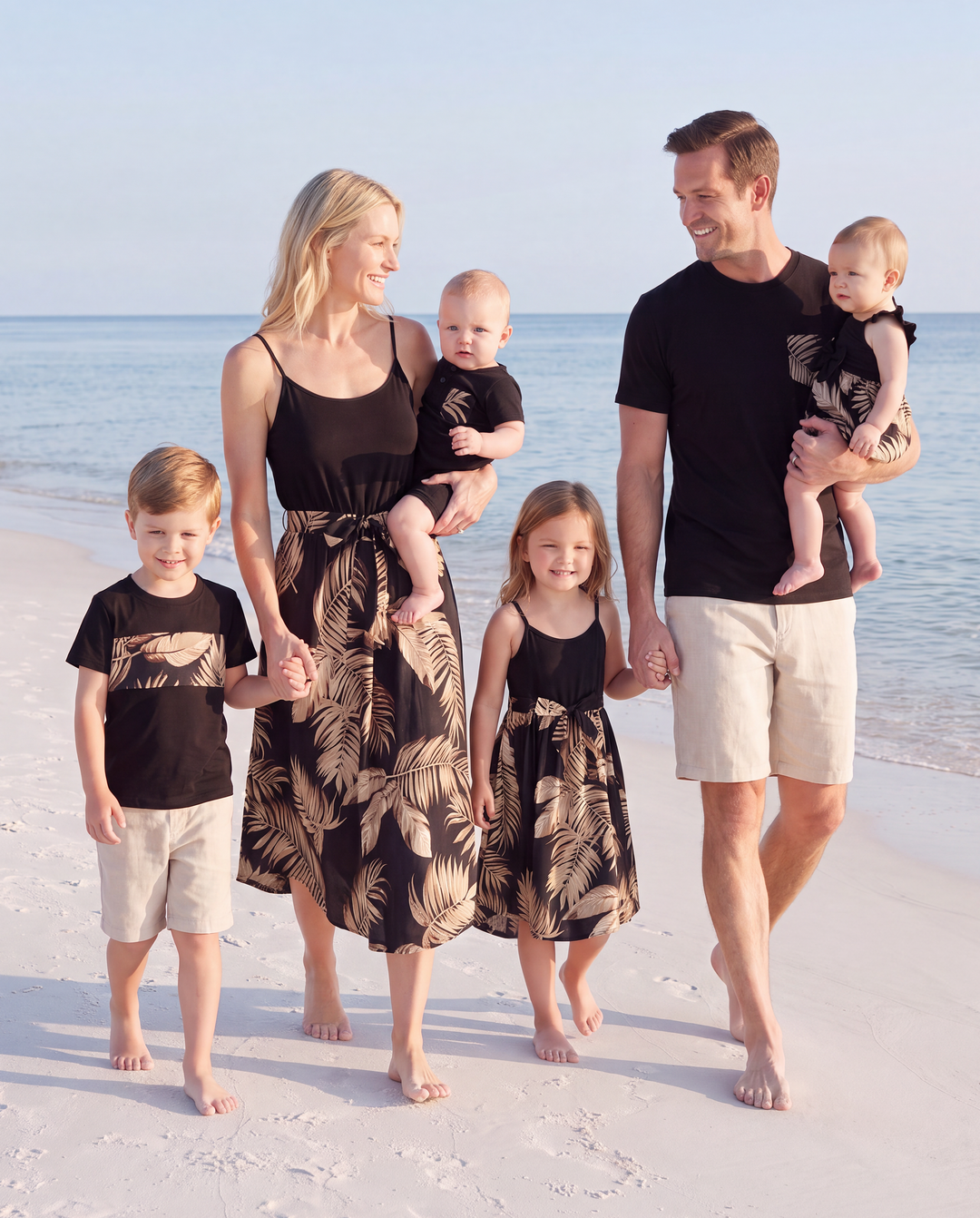 Family Matching Floral Print Belted Cami Dresses And Solid Short Sleeve Tops Sets Black