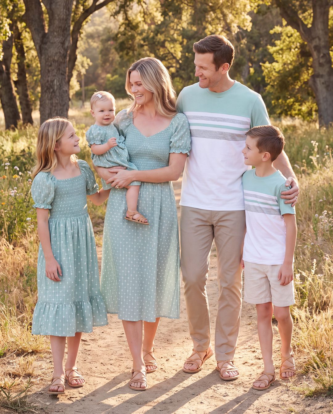 Family Matching T-Shirt & Dress Set Polka Dot Puff-sleeve Dress for Mom, Daughter & Baby, Color Block Cotton Tee for Dad & Son, Perfect for Family Outings & Photos Light Green