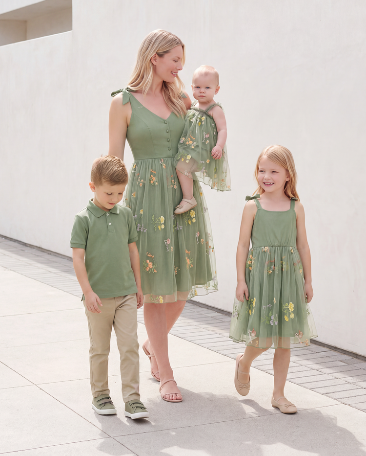 Mama & ich Polo-Kragen Kurzarm-Hemd oder V-Ausschnitt Träger-Mesh-Kleid Grün