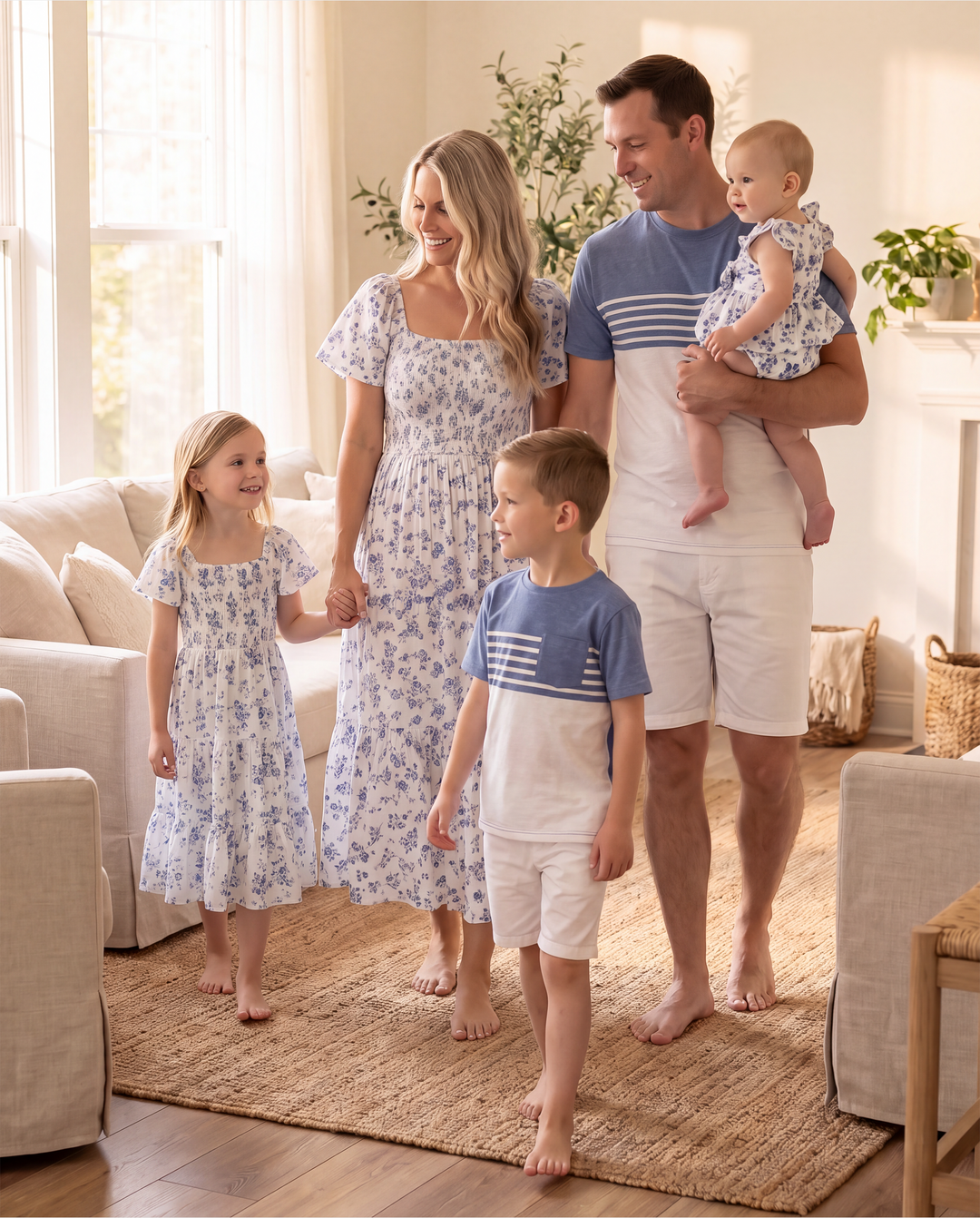 Family Matching Outfit: Floral Smocking Casual Suit BLUEWHITE