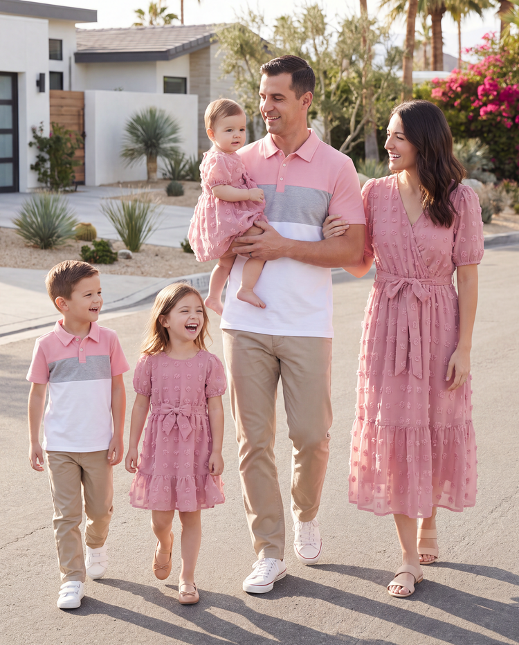 Familienpassende einfarbige Freizeitanzüge - 2-teiliges Set für Unisex, Baumwoll-Polyester-Mischung rosa