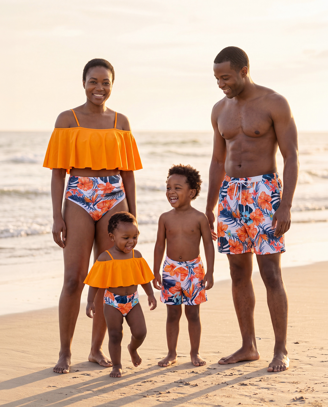 Passende Familien-Bademode Tropical Floral Bikini-Set mit Rüschentop für Mama & Tochter, Boardshorts für Papa & Sohn, Leuchtende Sommer-Strandoutfits Orange
