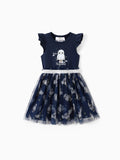 Vestido de malla con mangas con volantes y estampado de búhos/universitario de Harry Potter para niña pequeña/niña, azul oscuro