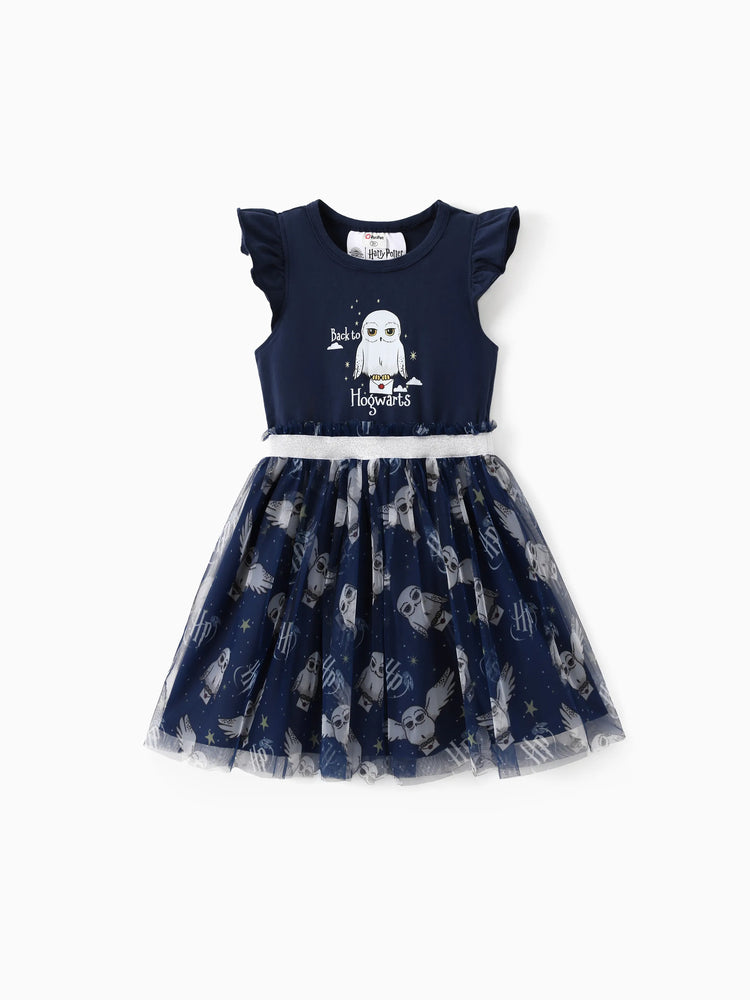 Vestido de malla con mangas con volantes y estampado de búhos/universitario de Harry Potter para niña pequeña/niña, azul oscuro