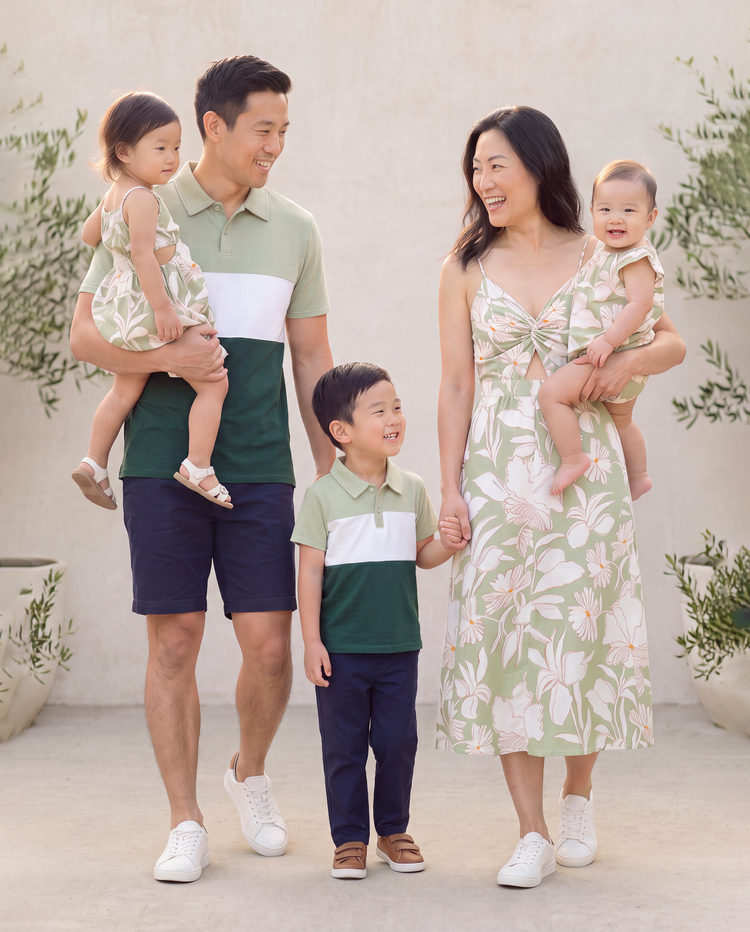 Matching Family Outfits Tropical Floral Print Strap Dress or Short-sleeve Colorblock Shirts Set Pale Green