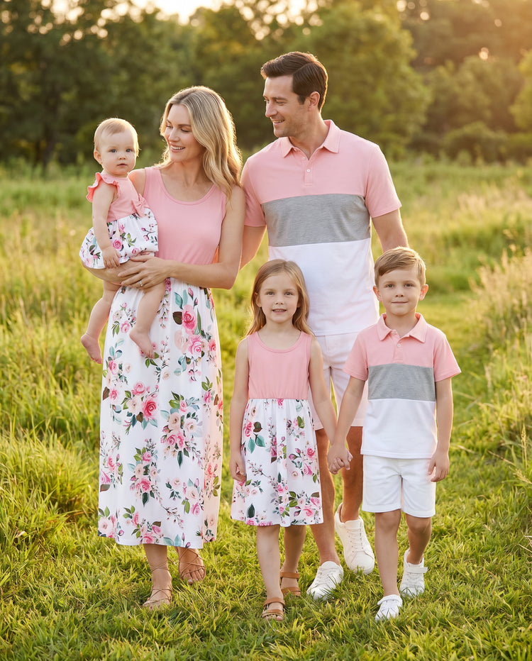 Conjuntos familiares de vestidos midi con estampado floral sin mangas en rosa y polos de manga corta con bloques de color en rosa