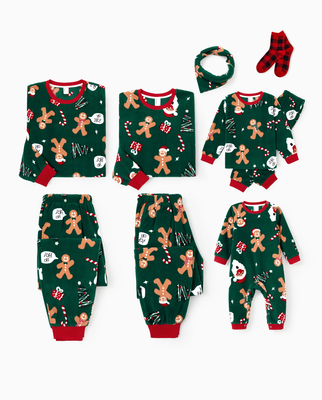 Pijama navideño familiar a juego de polar con hombrecito de jengibre, manga larga y calcetines navideños, color verde oscuro