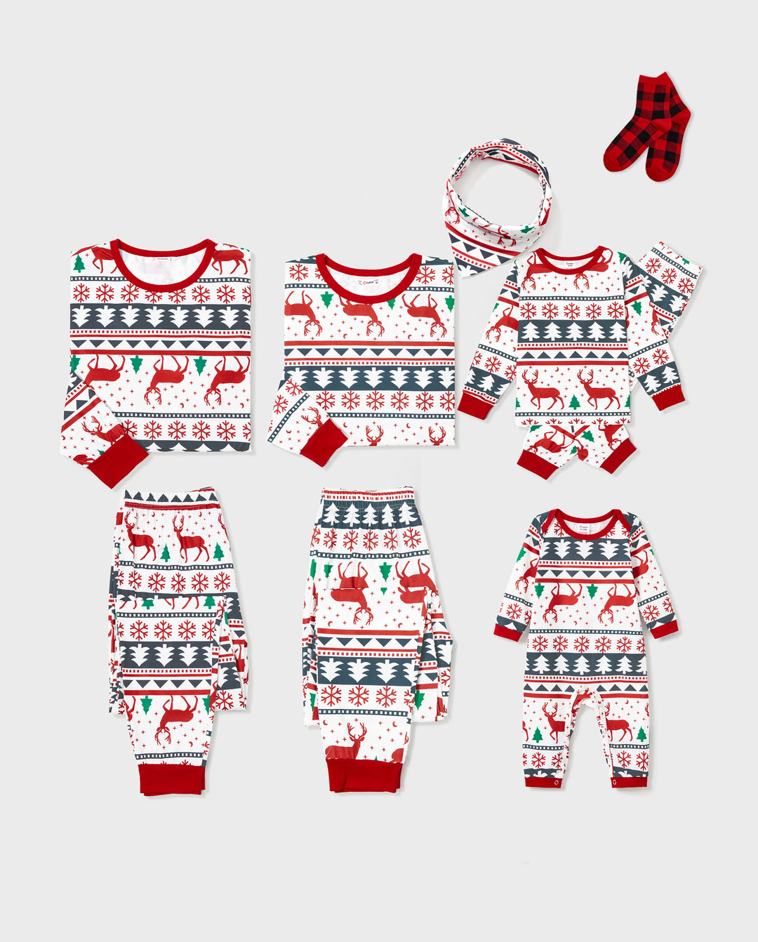 Family Christmas Pajamas All Over Reindeer Print Long-sleeve with Christmas Socks (SGS Certied Safety) Red+White