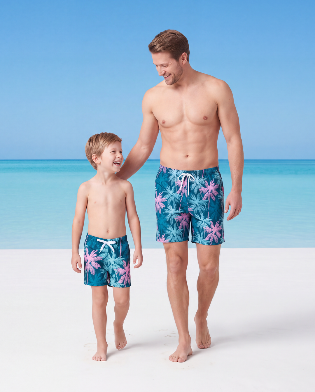 Daddy & Son Swimsuits Tropical Palm Tree Print,Daddy and Son Swim Trunks Set, Beach Vacation Swimwear Turquoise
