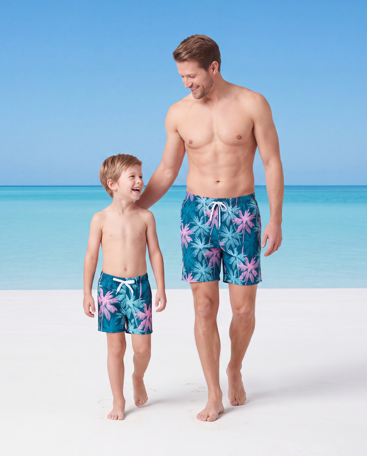 Daddy & Son Swimsuits Tropical Palm Tree Print,Daddy and Son Swim Trunks Set, Beach Vacation Swimwear Turquoise