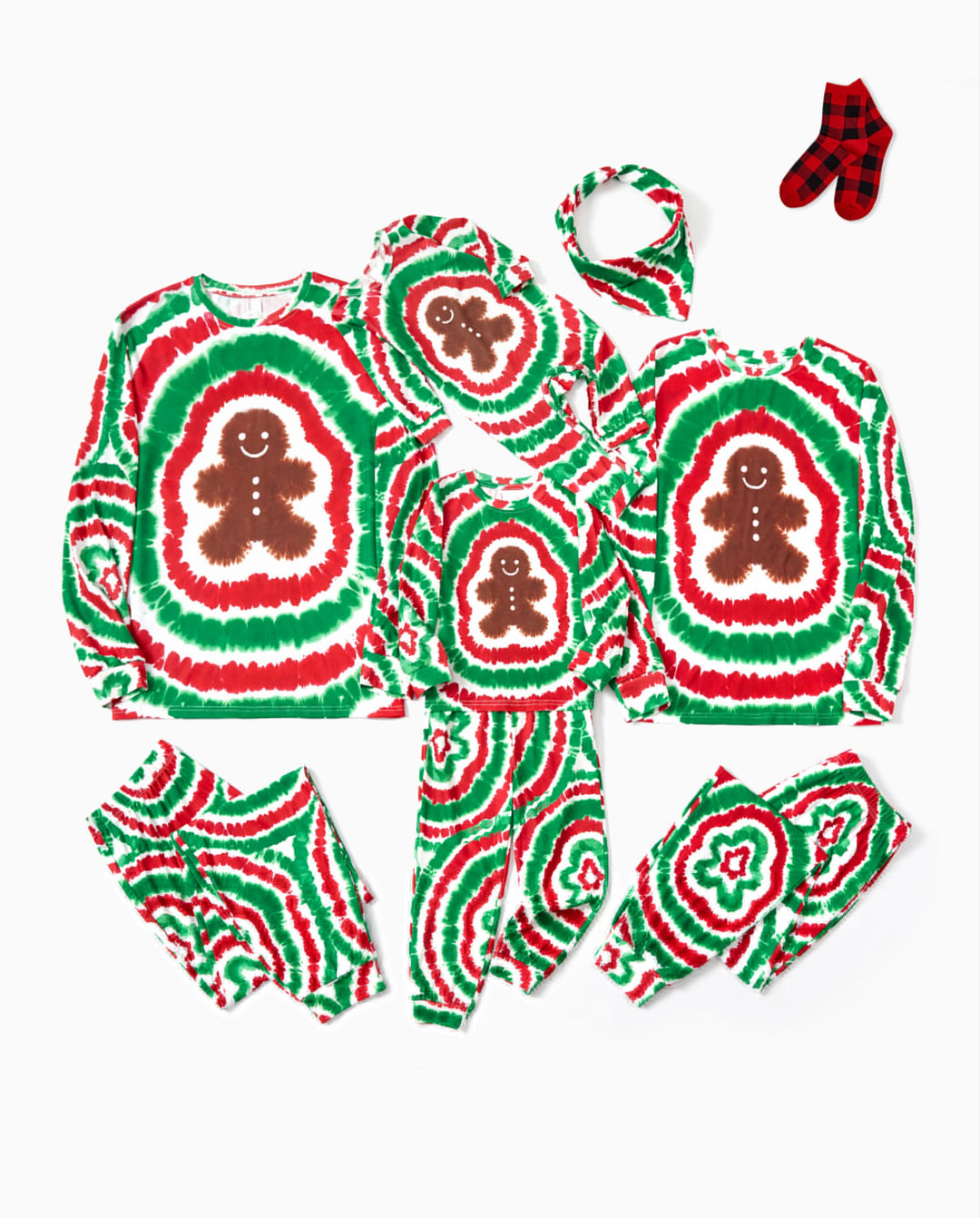 Ensemble pyjama de Noël familial rouge et vert motif bonhomme en pain d'épices tie-dye avec chaussettes de Noël multicolores