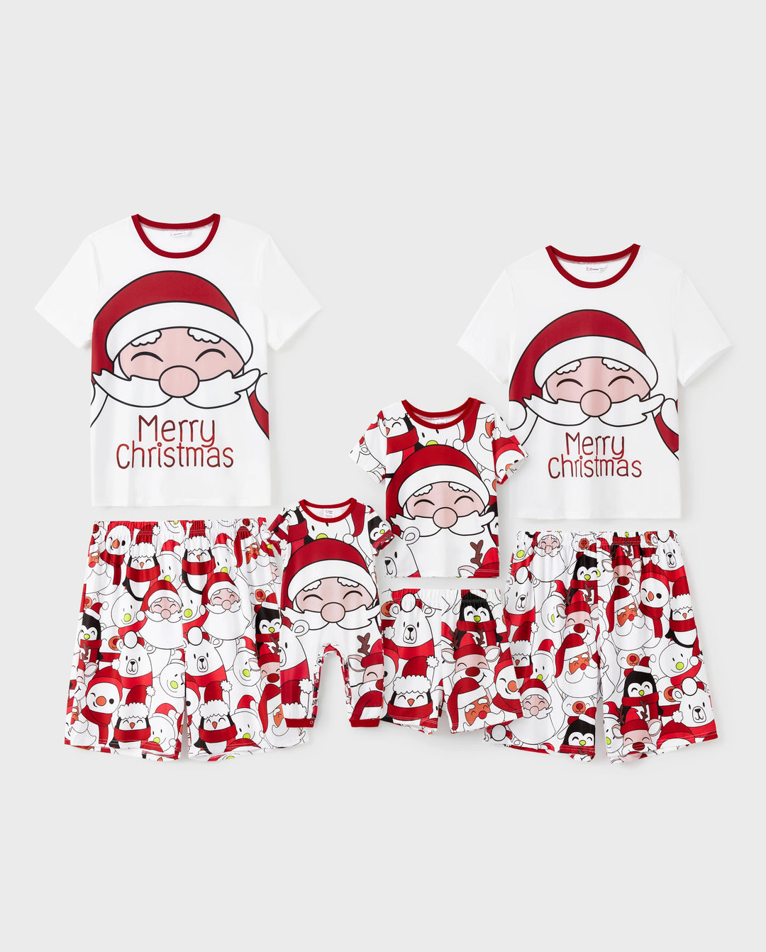 Christmas Santa and Snowman Print Family Matching Short-sleeve Tops and Shorts Pajamas Sets White