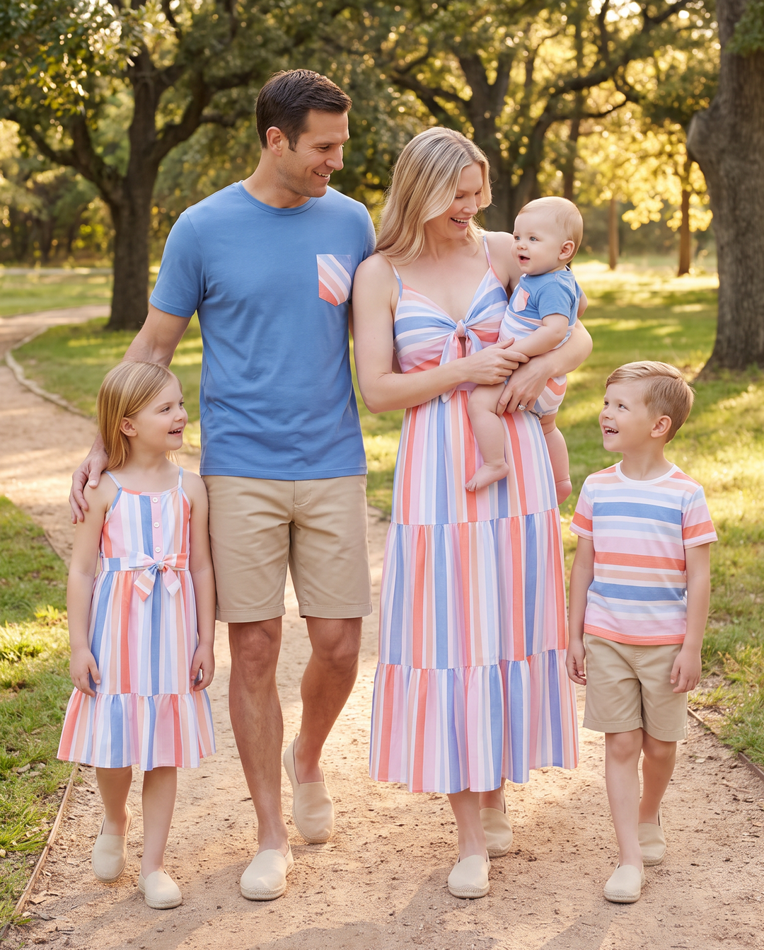 Family Matching Blue Short-sleeve Tee or Colorful Stripe Camisole Dress Multi-color