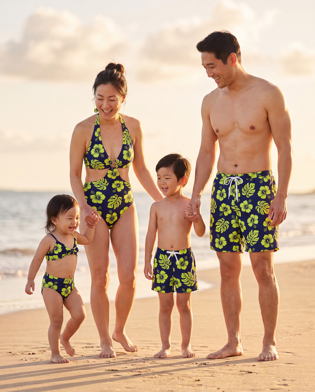 Trajes de Baño a Juego para Familia Estampado Floral Tropical Bikini Halter y Bañador Corto Azul Profundo