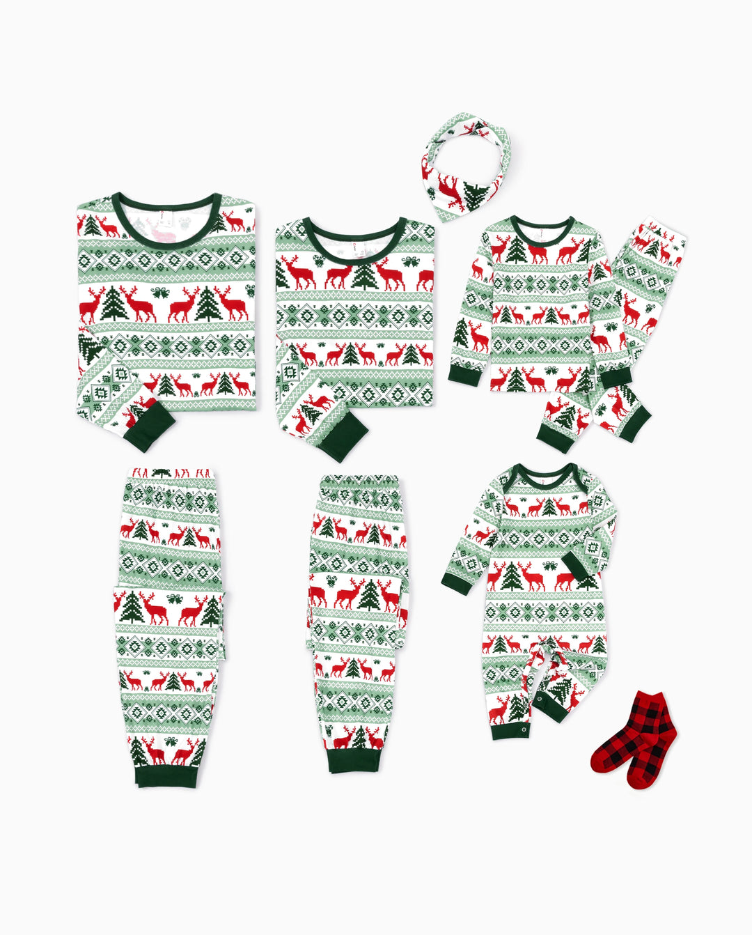 Christmas Matching Family Pajamas Fair Isle & Reindeer Print Green