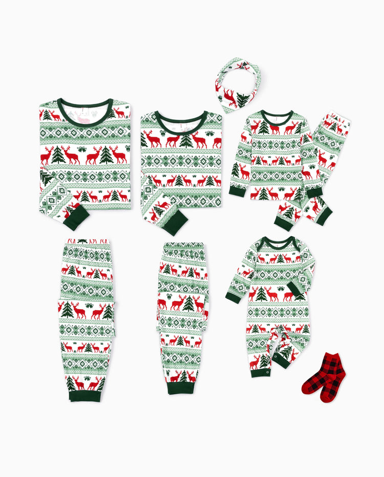 Christmas Matching Family Pajamas Fair Isle & Reindeer Print Green
