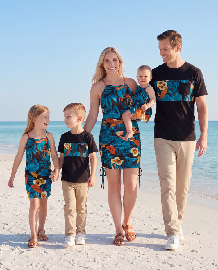 Family Matching Floral Panel T-shirt and Floral Ruched Drawstring Side Strap Dress Sets Black