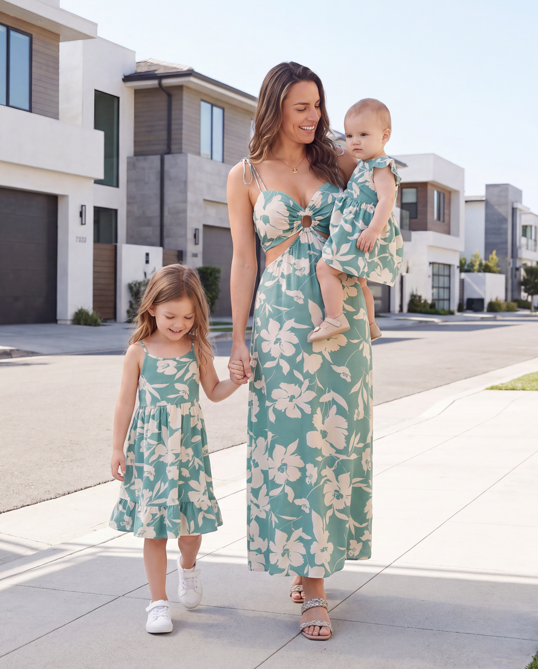 Mommy & me Leaf Print Green Sling Shirred Dress Set Green