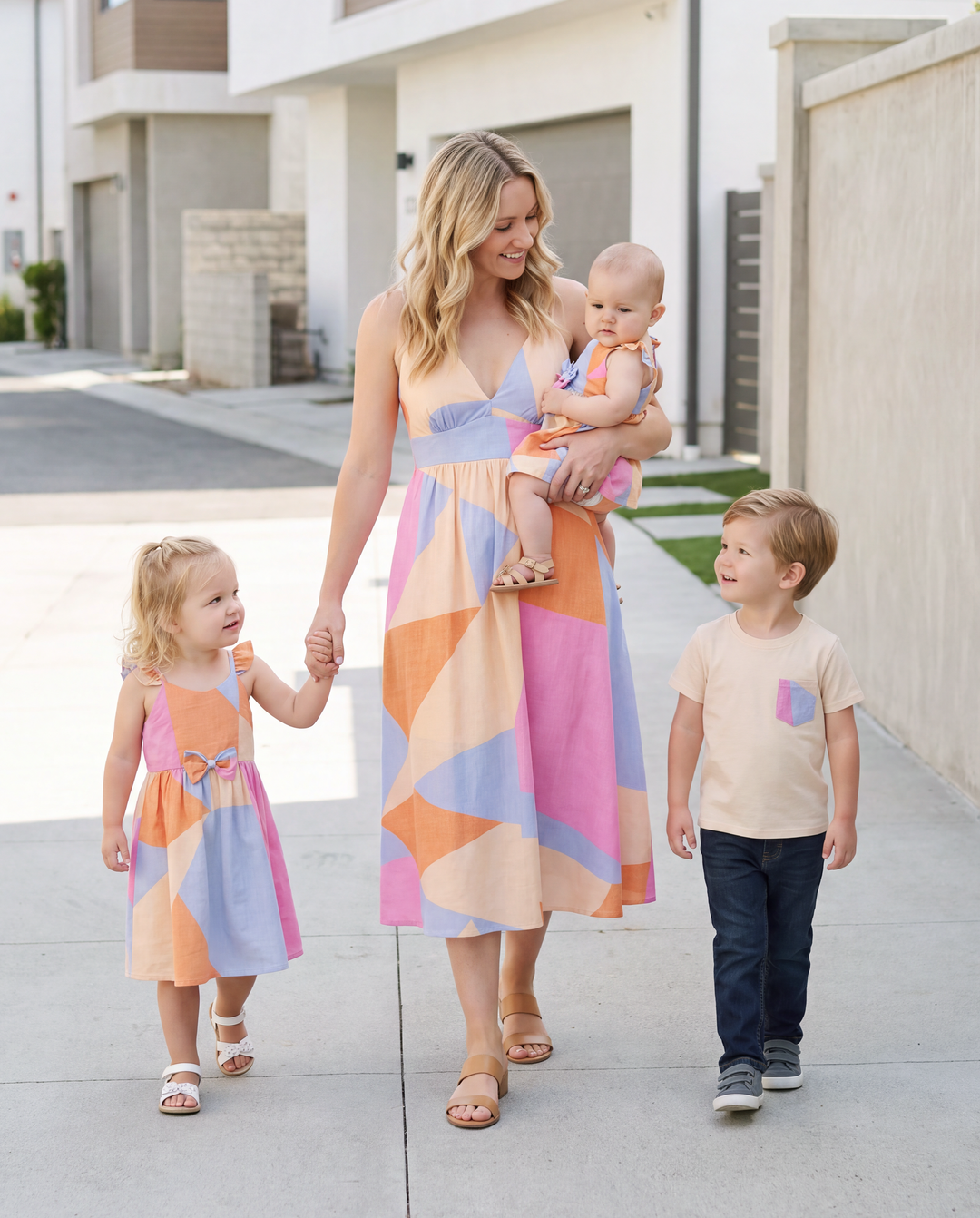 Mommy & me Outfits Set Colorblock Sleeveless Strappy Dress or Short-sleeve T-shirt Multi-color