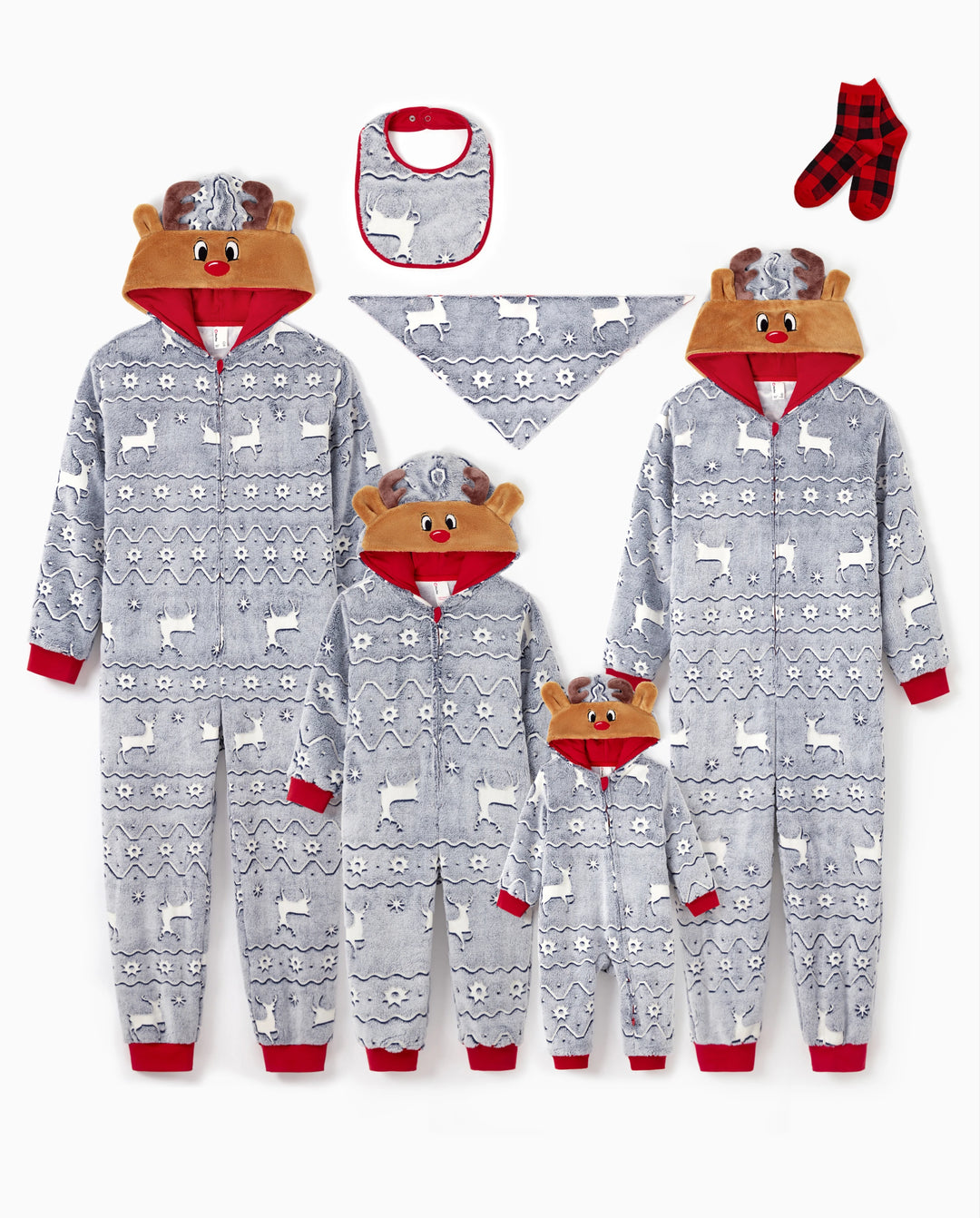 Christmas Onesies Matching Family Pajamas Set Reindeer Print Glow In The Dark PJS with Christmas Socks White/Gray