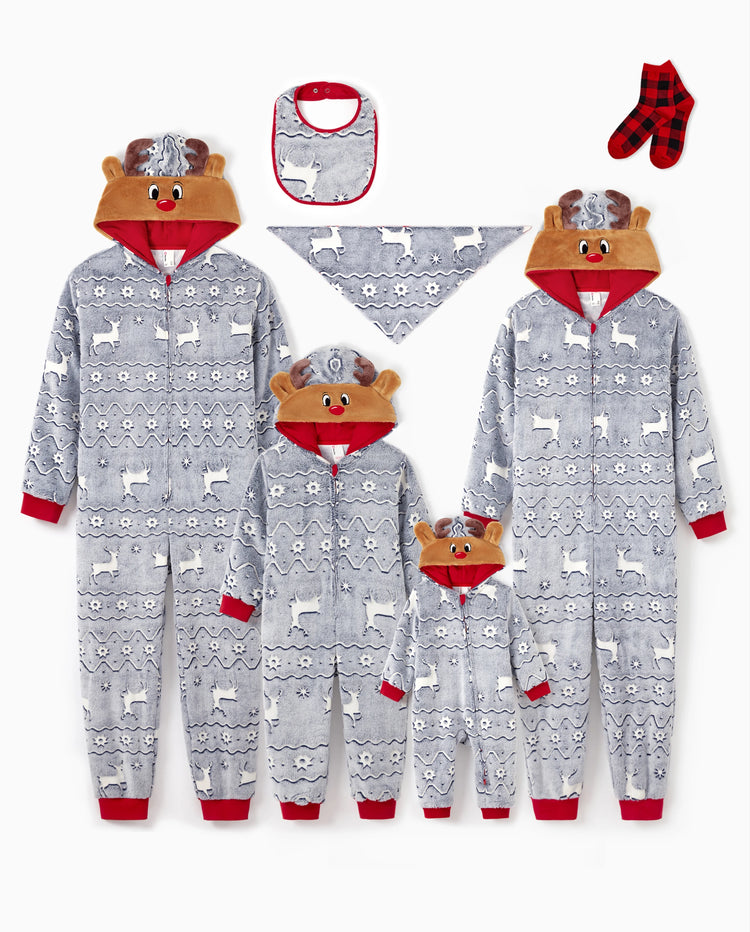 Christmas Onesies Matching Family Pajamas Set Reindeer Print Glow In The Dark PJS with Christmas Socks White/Gray