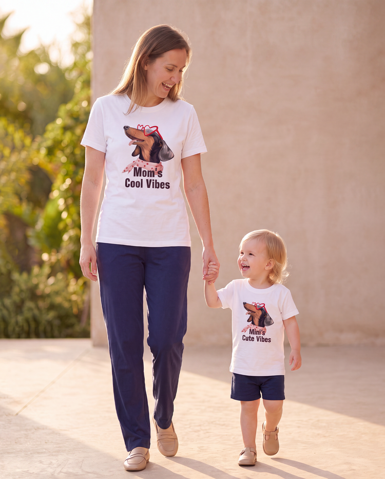 Mommy and Me Dachshund Graphic Tees "Mom's Cool Vibes" Matching Cotton Doggy Print T-Shirt White