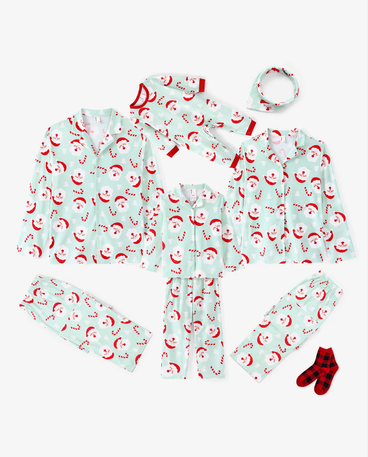 Christmas Matching Family Collared Pajamas Santa Claus Print Green