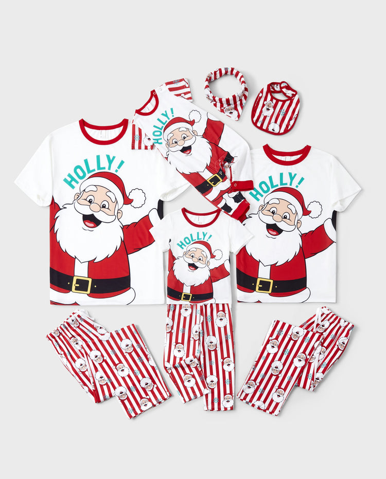Conjunto de pijama familiar navideño a juego con Papá Noel y copos de nieve, rayas rojas, pijama rojo