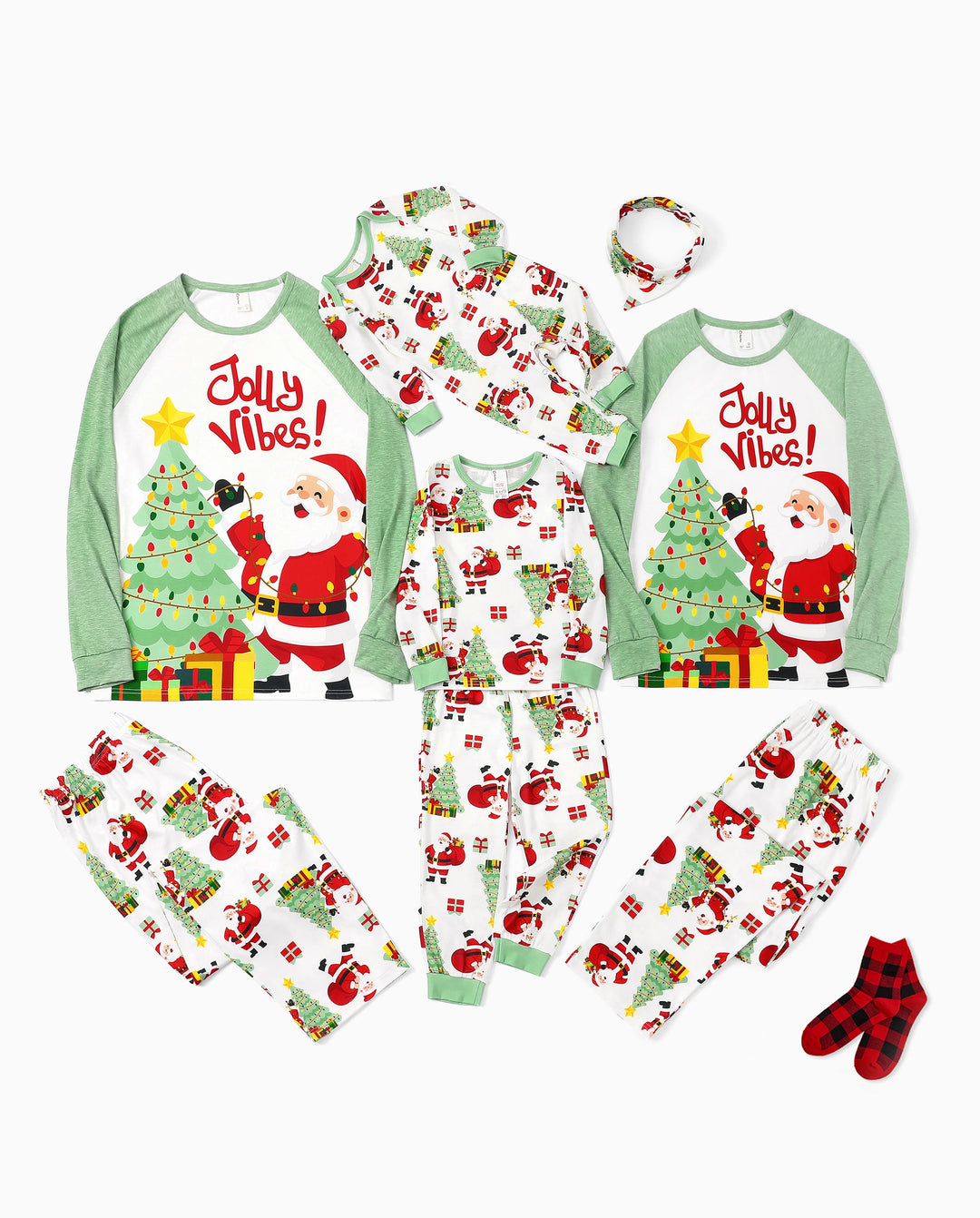 Christmas Matching Family Pajamas Santa & Xmas Tree Print Green