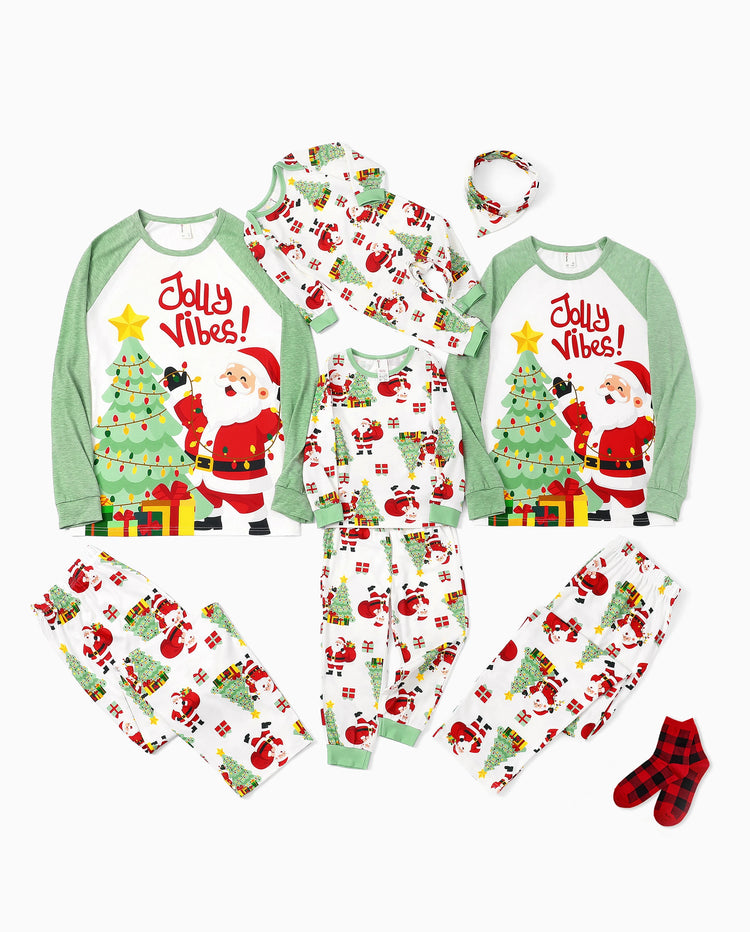 Christmas Matching Family Pajamas Santa & Xmas Tree Print Green