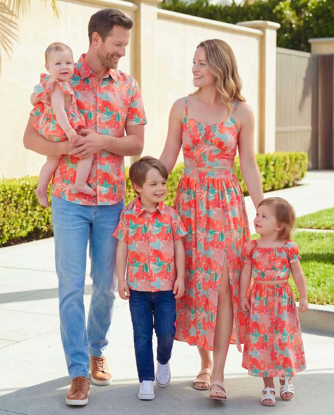 Matching Family Outfits Hawaiian Floral Print Shirts &  Sleeveless Strap Top and Skirt Co-ord Set Multi-color