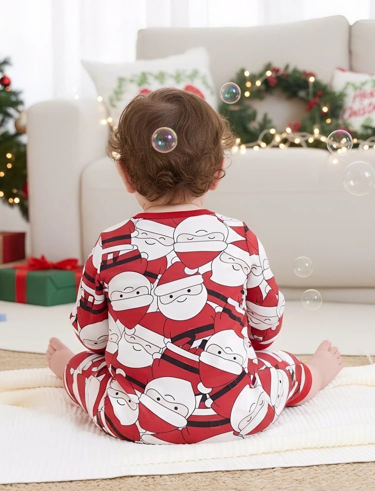 Pijama familiar navideño a juego con estampado gráfico de Papá Noel grande en la parte delantera y trasera, con bolsillos y cordón, color rojo 2