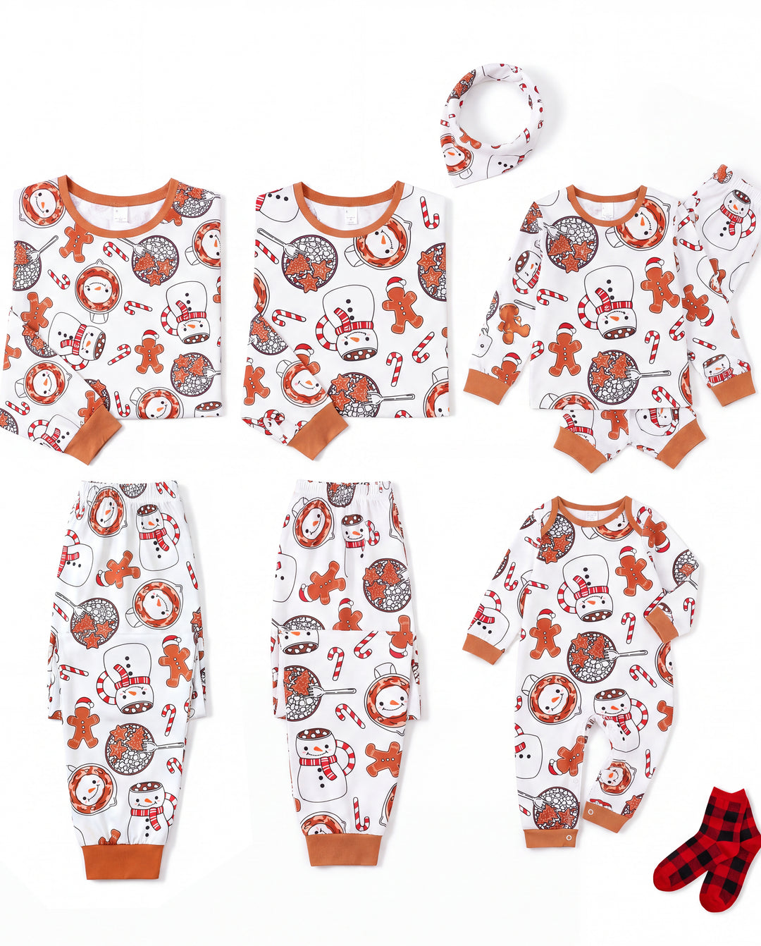 Weihnachts-Pyjamas im Familien-Partnerlook, Tassen- und Schneemann-Print, Khaki